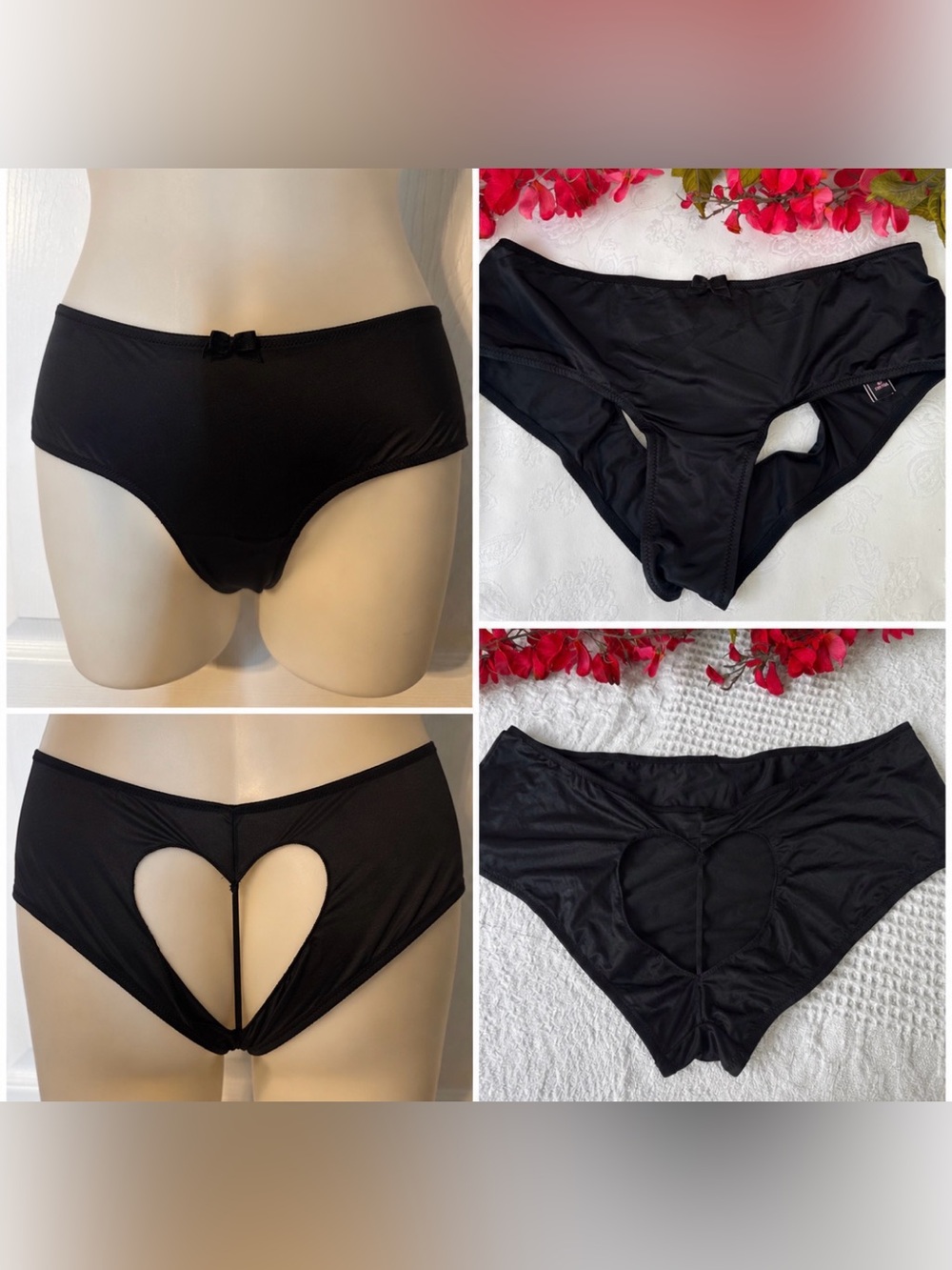 VICTORIA'S SECRET L BLACK SILKY OPEN CUT OUT BACK HEART BUTT CHEEKY PANTIES NWT